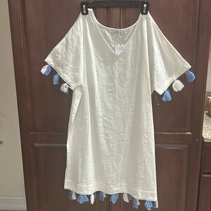 Linen White Dress with Tassel Accents